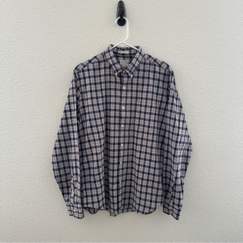 J.Crew Button Down Shirt Mens Large Gray Blue Plaid Secret Wash Stretch‎ Classic